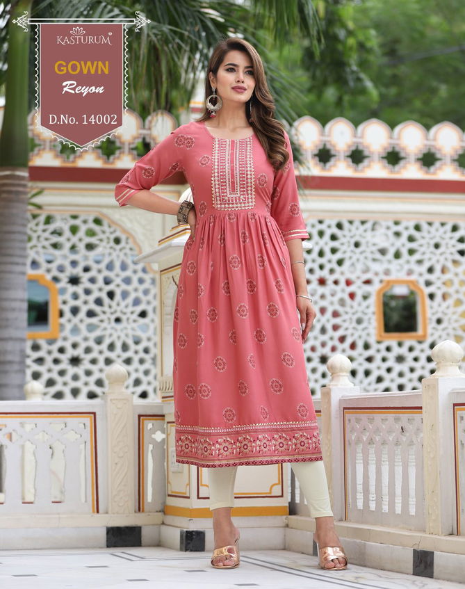 Kasturam 14001 To 14003 Rayon Print Fancy Kurti Collection
